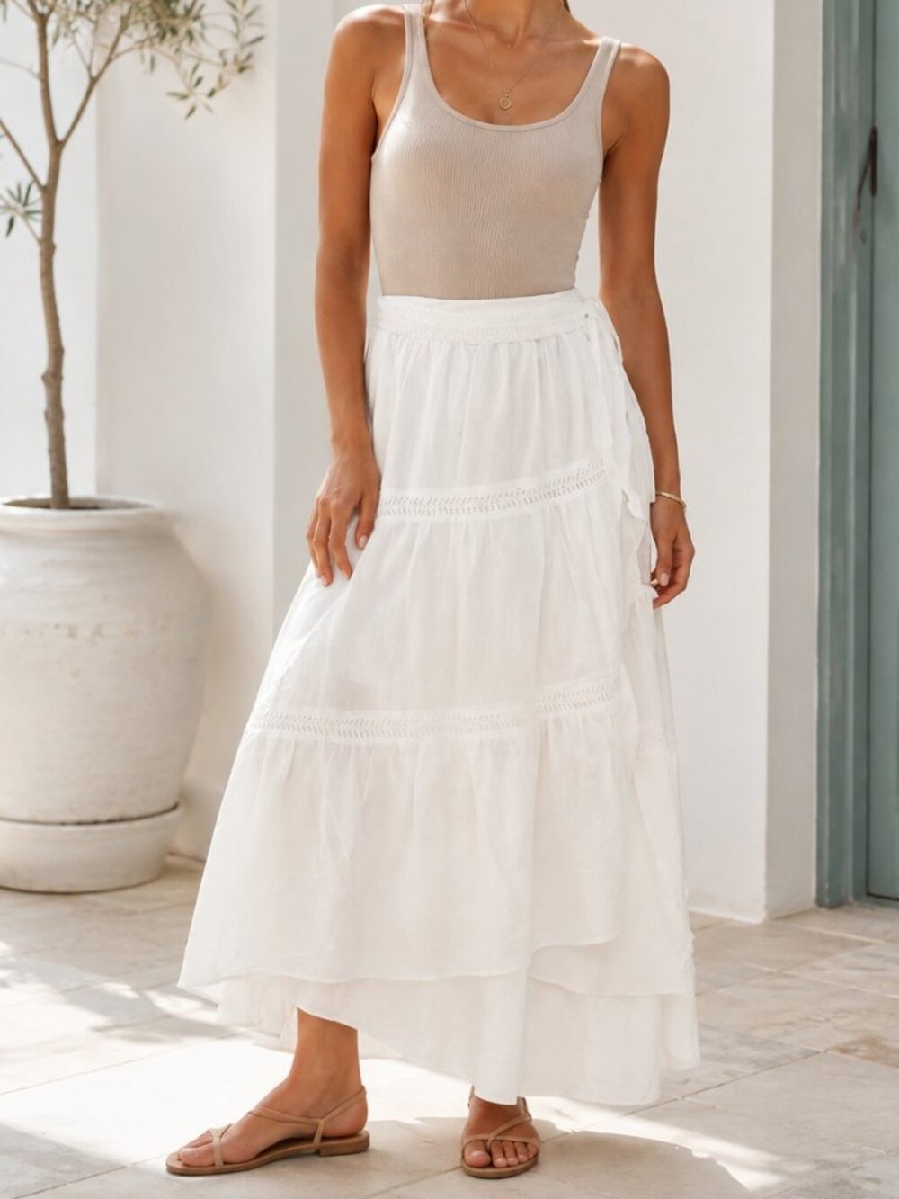 Merlette White Pleated Trim A-Line Wrap Maxi Skirt Cotton Summer S NEW 277633